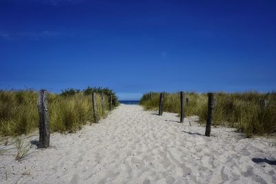 Scenic view of beach against clear blue sky