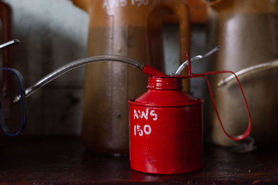 Close-up of old telephone on table