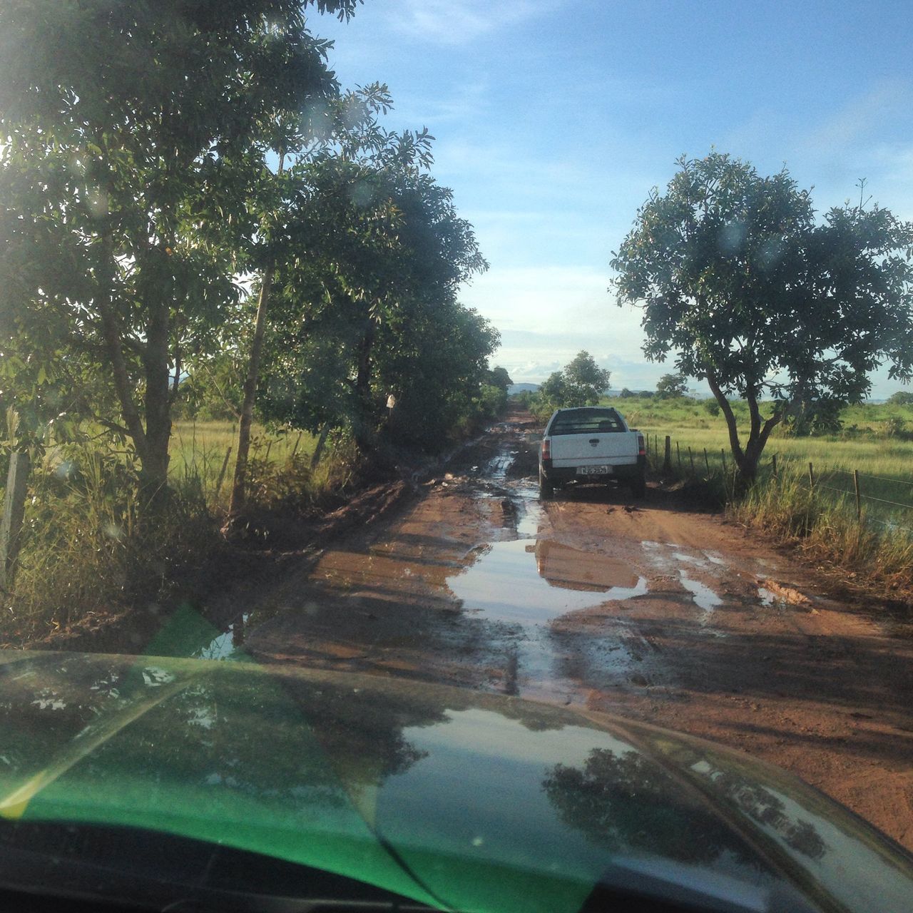 transportation, car, land vehicle, mode of transport, tree, road, sky, vehicle interior, water, reflection, street, windshield, glass - material, travel, car interior, wet, nature, transparent, the way forward, day