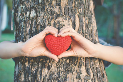 Cropped image of woman holding knitted heart while hiding behind tree