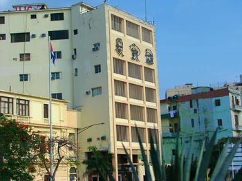 Low angle view of buildings against clear sky