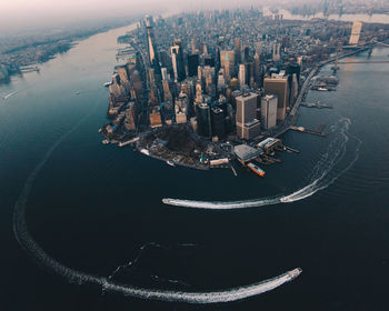 High angle view of boats in sea