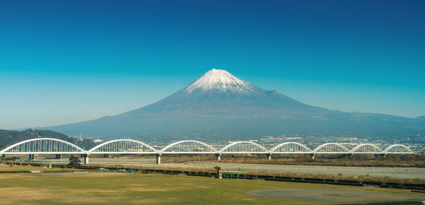 Scenic view of mountains against clear blue sky
