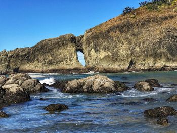 Scenic view of sea against clear blue sky