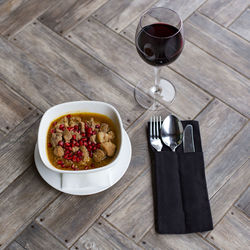 High angle view of breakfast on table