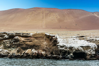 Rocks at riverbank by sand dunes against clear sky