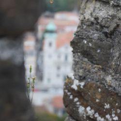 Close-up of cross on rock against building