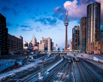 Railroad tracks amidst buildings in city against sky