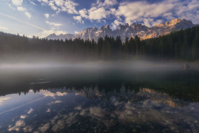 Reflection of trees in lake against sky