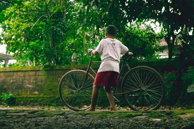 Rear view of man cycling bicycle against trees in city