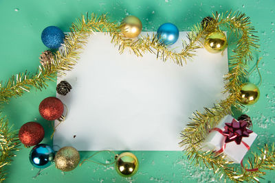 High angle view of christmas decoration on table