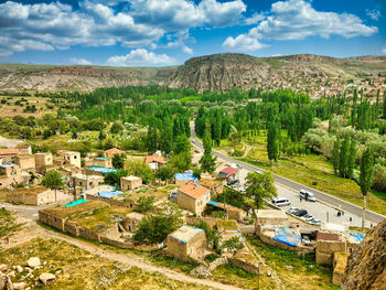 High angle view of buildings against sky