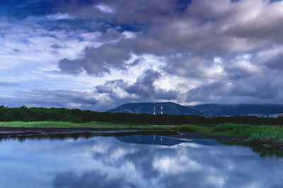 Scenic view of lake against cloudy sky