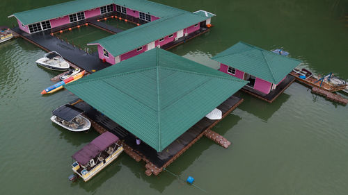 High angle view of boats moored in lake