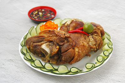 High angle view of food in plate on table