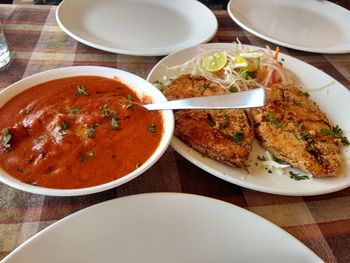 High angle view of meal served on table