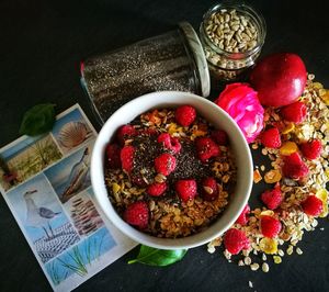 High angle view of breakfast served on table