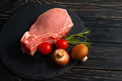 High angle view of fruits and vegetables on table