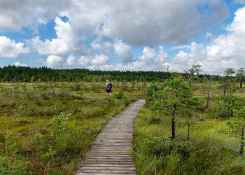 Rear view of man walking on field against sky