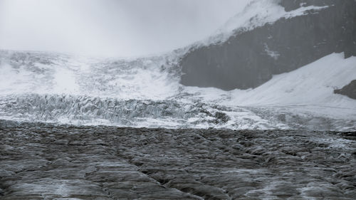 A detailed glacier taken in black and white that looks as if time is frozen, jasper canada.