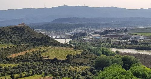 Scenic view of agricultural landscape against mountains