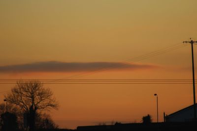 Silhouette trees and electricity pylon against orange sky