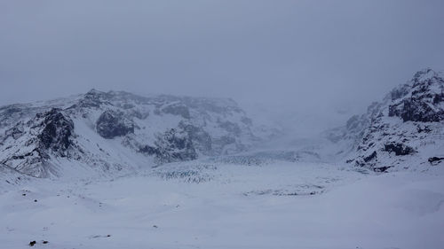 Scenic view of snow covered mountains against sky