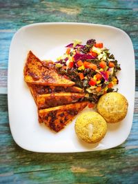 High angle view of food served in plate