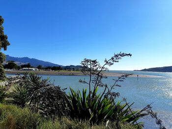 Scenic view of sea against clear blue sky