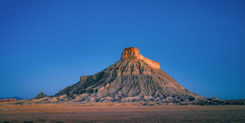 Rock formations on land against clear blue sky