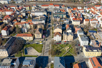 High angle view of buildings in city