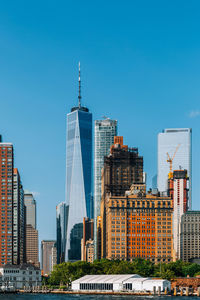 Modern buildings against clear blue sky