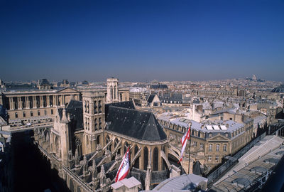 High angle view of buildings against sky in city