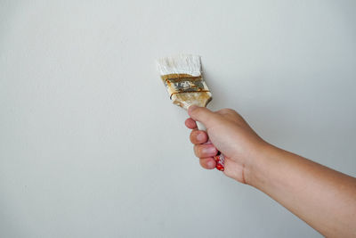 Midsection of woman holding ice cream against white background