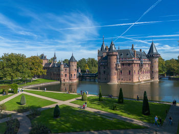 Top view of the largest castle in the netherlands, de haar. quadcopter flight over the castle