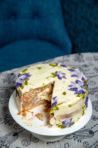 High angle view of dessert in plate on table