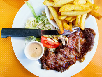 High angle view of food served on table