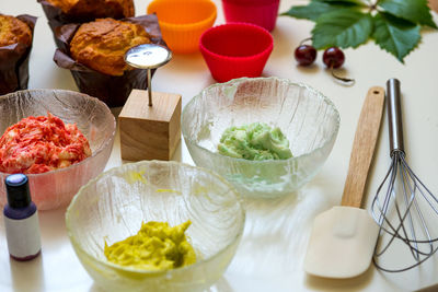 High angle view of breakfast served on table
