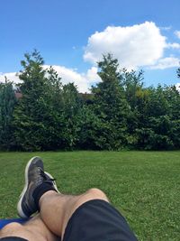 Low section of people relaxing on grassy field