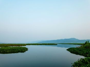 Scenic view of lake against clear sky