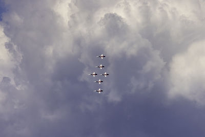 Low angle view of airplane flying against sky