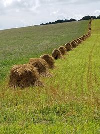 Hay bales on field against sky