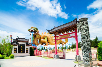 Low angle view of statue against temple against sky