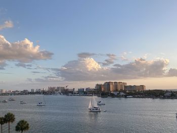 Scenic view of sea and buildings against sky during sunset