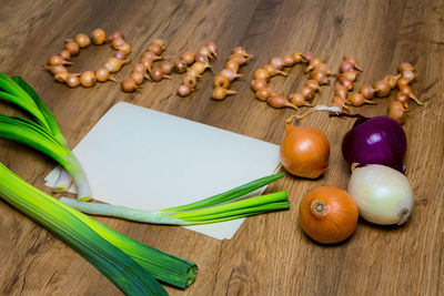 High angle view of fruits and leaves on table