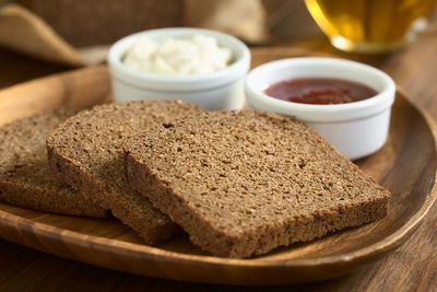 Close-up of breakfast served on table