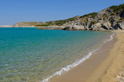 Scenic view of beach against clear blue sky