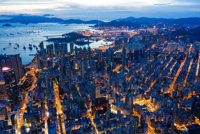 High angle view of city buildings at dusk