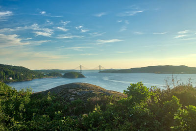 Scenic view of bay against sky