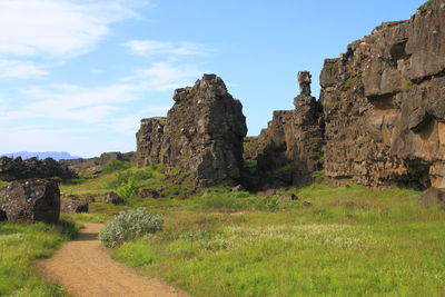 Rock formations on landscape against sky